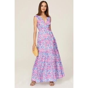 Nicholas‎ Orchid Pink Maxi Dress Floral Cutout Sleeveless V Neck Blue Sz 2 US